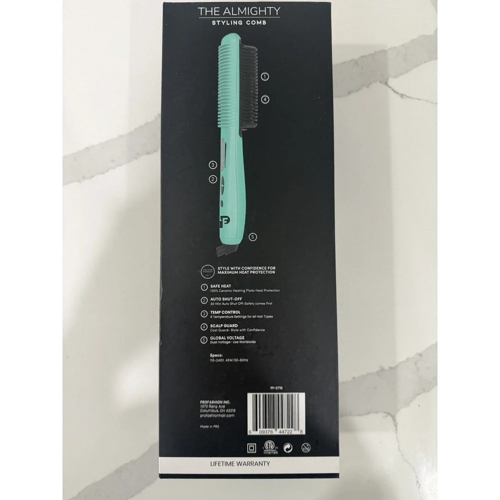 PROFASHION The Almighty Hair Straightener Comb Ceramic, 6 Heat, Blue/Black NEW